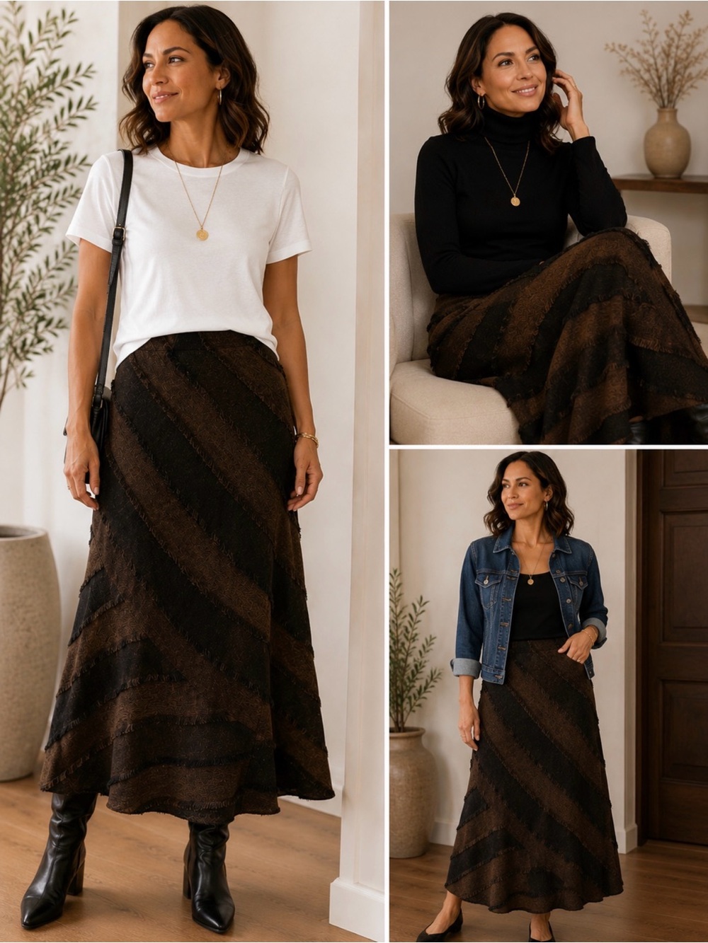 Woven Diagonal Stripe Skirt - Brown & Black